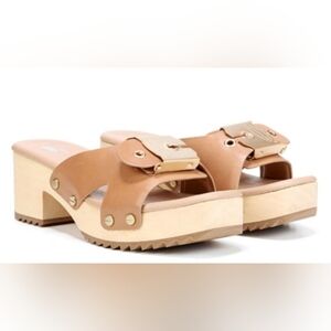 Dr. Scholl's Tan Sandals with Leather Straps and Wooden Sole